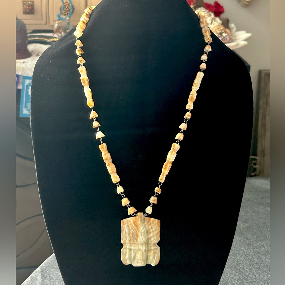 Vintage 50s Mexico Carved Onyx Stone Aztec Mayan Necklace 26”
